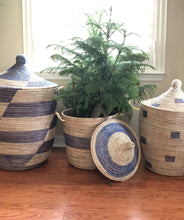 Load image into Gallery viewer, Set of Three Handwoven Cattail Blue &amp; Cream Bath Hamper Baskets, Fair Trade - Give Back Goods
