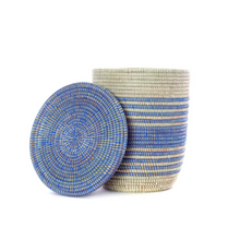 Load image into Gallery viewer, Set of Three Blue Striped Handwoven Cattail Bath Hamper Storage Baskets, Fair Trade - Give Back Goods
