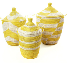 Load image into Gallery viewer, Set of Three Handwoven Yellow and White Bath Hamper Baskets, Fair Trade - Give Back Goods
