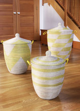 Load image into Gallery viewer, Set of Three Handwoven Yellow and White Bath Hamper Baskets, Fair Trade - Give Back Goods

