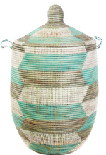 Load image into Gallery viewer, Prayer Mat Hamper Storage Basket, Fair Trade, Eco Friendly, Aqua, Silver and White - Give Back Goods
