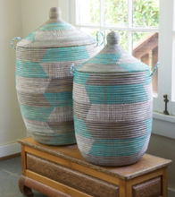 Load image into Gallery viewer, Prayer Mat Hamper Storage Basket, Fair Trade, Eco Friendly, Aqua, Silver and White - Give Back Goods
