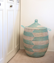 Load image into Gallery viewer, Handwoven Hamper Storage Basket, Aqua &amp; White, Fair Trade, Eco-Friendly - Give Back Goods
