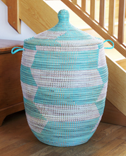 Load image into Gallery viewer, Handwoven Hamper Storage Basket, Aqua &amp; White, Fair Trade, Eco-Friendly - Give Back Goods
