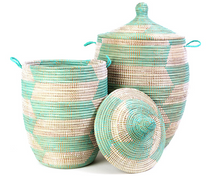 Load image into Gallery viewer, Handwoven Hamper Storage Basket, Aqua &amp; White, Fair Trade, Eco-Friendly - Give Back Goods
