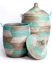 Load image into Gallery viewer, Prayer Mat Hamper Storage Basket, Fair Trade, Eco Friendly, Aqua, Silver and White - Give Back Goods
