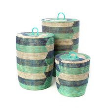 Load image into Gallery viewer, Set of Three Handwoven Cattail Blue &amp; Green Hamper Baskets, Fair Trade - Give Back Goods
