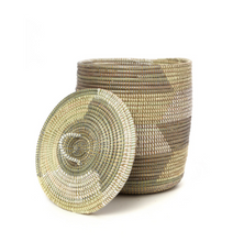 Load image into Gallery viewer, Set of Three Handwoven Cattail White, Cream &amp; Gray Patterned Hamper Baskets, Fair Trade - Give Back Goods
