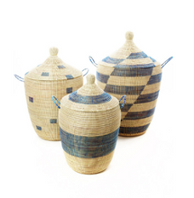 Load image into Gallery viewer, Set of Three Handwoven Cattail Blue &amp; Cream Bath Hamper Baskets, Fair Trade - Give Back Goods
