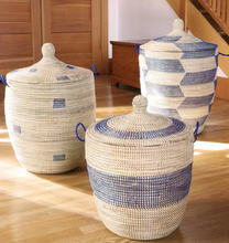 Load image into Gallery viewer, Set of Three Handwoven Cattail Blue &amp; Cream Bath Hamper Baskets, Fair Trade - Give Back Goods

