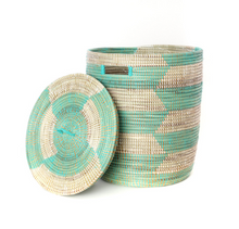 Load image into Gallery viewer, Handwoven Aqua &amp; White cattail Hamper Laundry Storage Basket, Fair Trade, Eco Friendly - Give Back Goods
