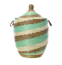 Load image into Gallery viewer, Handwoven Cattail Stalks Hamper Storage Basket, Aqua &amp; Natural Brown, Fair Trade - Give Back Goods
