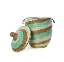 Load image into Gallery viewer, Handwoven Cattail Stalks Hamper Storage Basket, Aqua &amp; Natural Brown, Fair Trade - Give Back Goods
