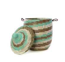 Load image into Gallery viewer, Handwoven Cattail Stalks Hamper Storage Basket, Aqua &amp; Natural Brown, Fair Trade - Give Back Goods
