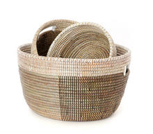 Load image into Gallery viewer, Set of Three Handwoven Brown &amp; White Nesting Sewing Baskets, Fair Trade - Give Back Goods
