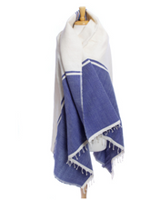 Load image into Gallery viewer, Ethiopian Blue &amp; Cream Cotton Blanket or Tablecloth, Fair Trade, Employs Artisans, Eco-Friendly - Give Back Goods
