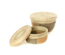 Load image into Gallery viewer, Set of 2 Handwoven Black, Cream &amp; Gold Nesting Sewing Baskets, Fair Trade, Eco-Friendly - Give Back Goods
