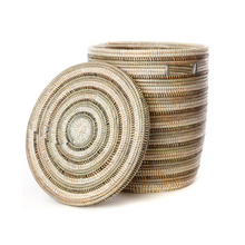 Load image into Gallery viewer, Brown, Silver and White Striped Handwoven Cattail Flat Lid Hamper Basket Decoration For Home Lovers
