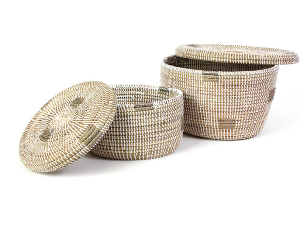 2 White Oval Pixel Handwoven African Cattail Decorative Storage Basket Decoration For Home Lovers