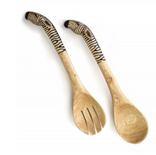 Load image into Gallery viewer, Hand carved &amp; Fair Trade, Zebra Salad Servers
