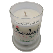 Load image into Gallery viewer, Wonderful Scents 2.75oz Relaxation Status Jar Candle Cotton Wick Glass Lid Showing
