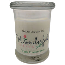 Load image into Gallery viewer, Wonderful Scents 8oz Ginger Frankincense Status Jar Candle Cotton Wick Glass Lid
