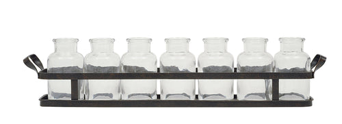 7 Glass Bottles on Rectangle Metal Tray with Handles (Set of 8 Pieces)