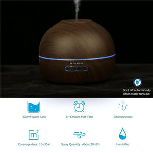 Features of the 300ml Wood Grained Essential Oil Diffuser with 7 Color LED Lights